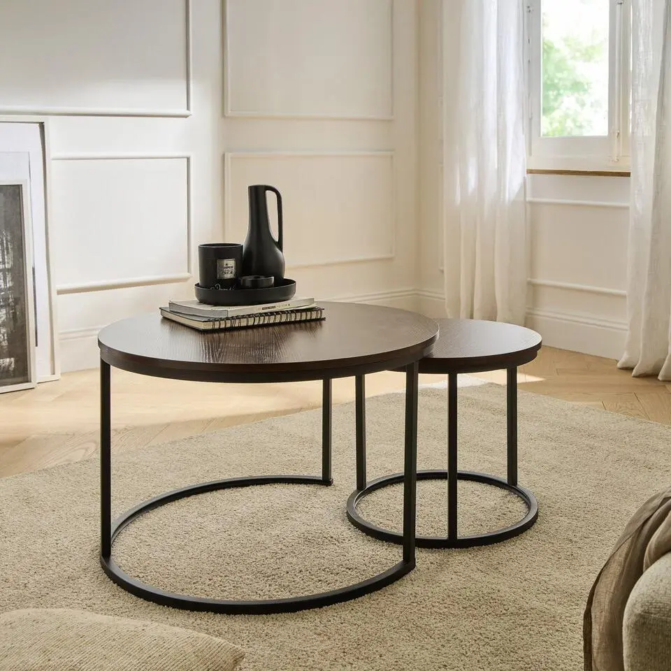 Calicosy - LENNY Set van 2 ronde salontafels - Eiken - 70x70x45,5 cm