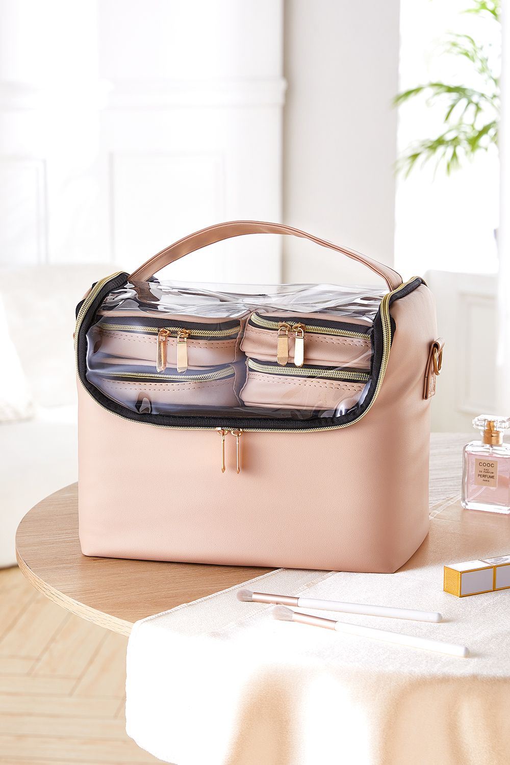 SHEONLY Pink Portable Makeup Train Case with 4 Clear Bags and Adjustable Dividers