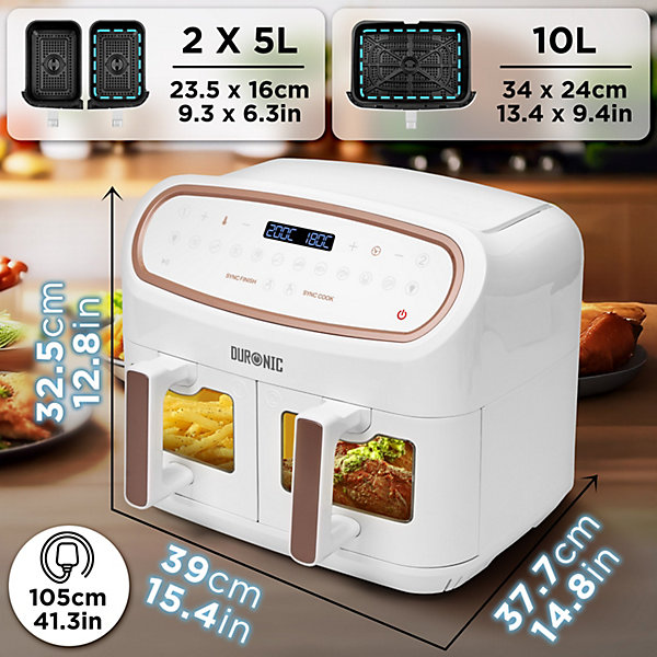 AF34 WE Friteuse à air 2400W Airfryer 3 tiroirs de 5 et 10 litres Sync Cook Sync Finish 10 modes de cuisson Sans huile Duronic