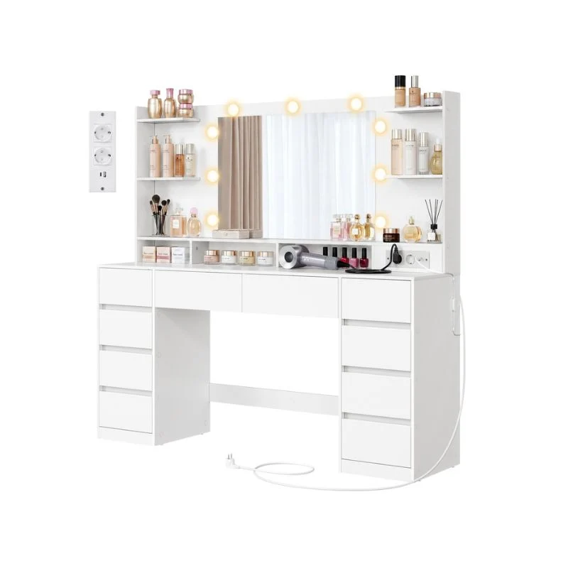 Coiffeuse avec miroir LED à plusieurs modes et dix tiroirs
