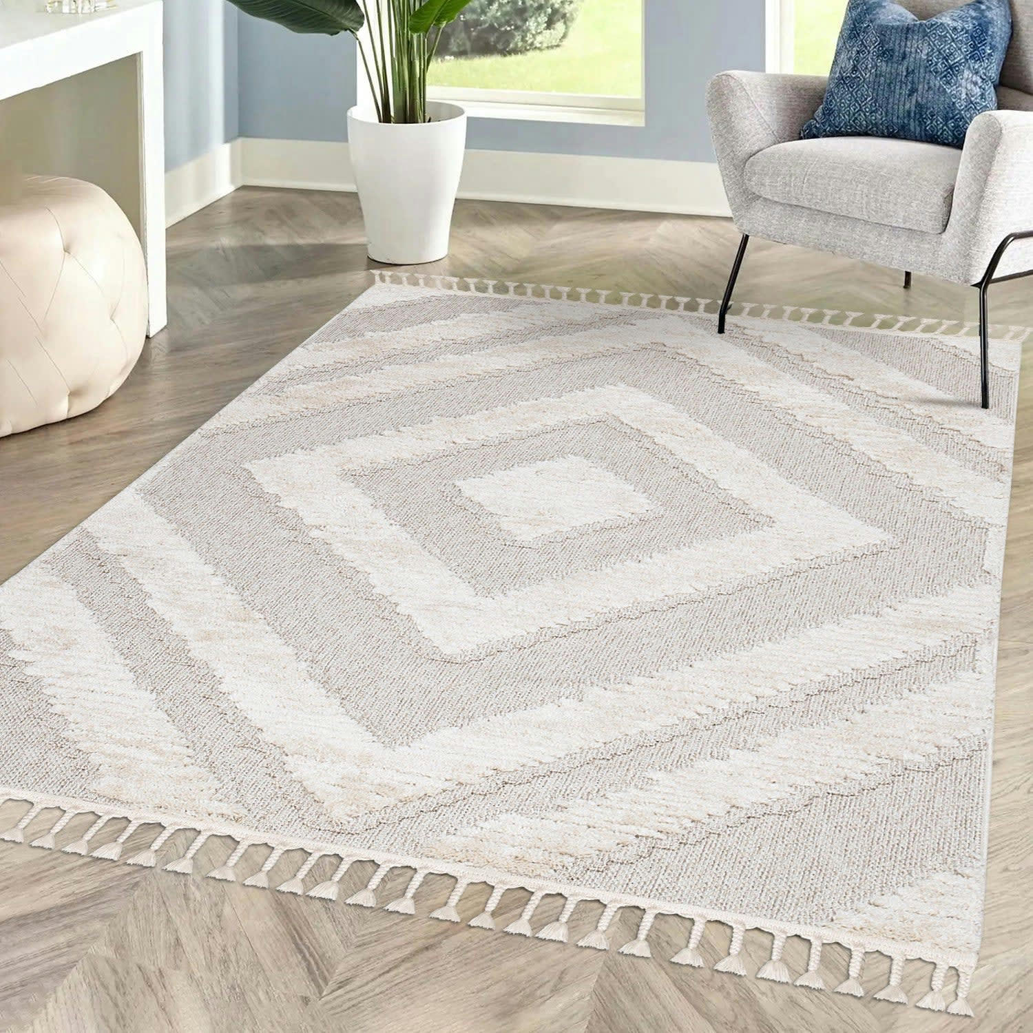 BOHOUSE - Tapis bohème chic à franges tressées crème 80x300cm