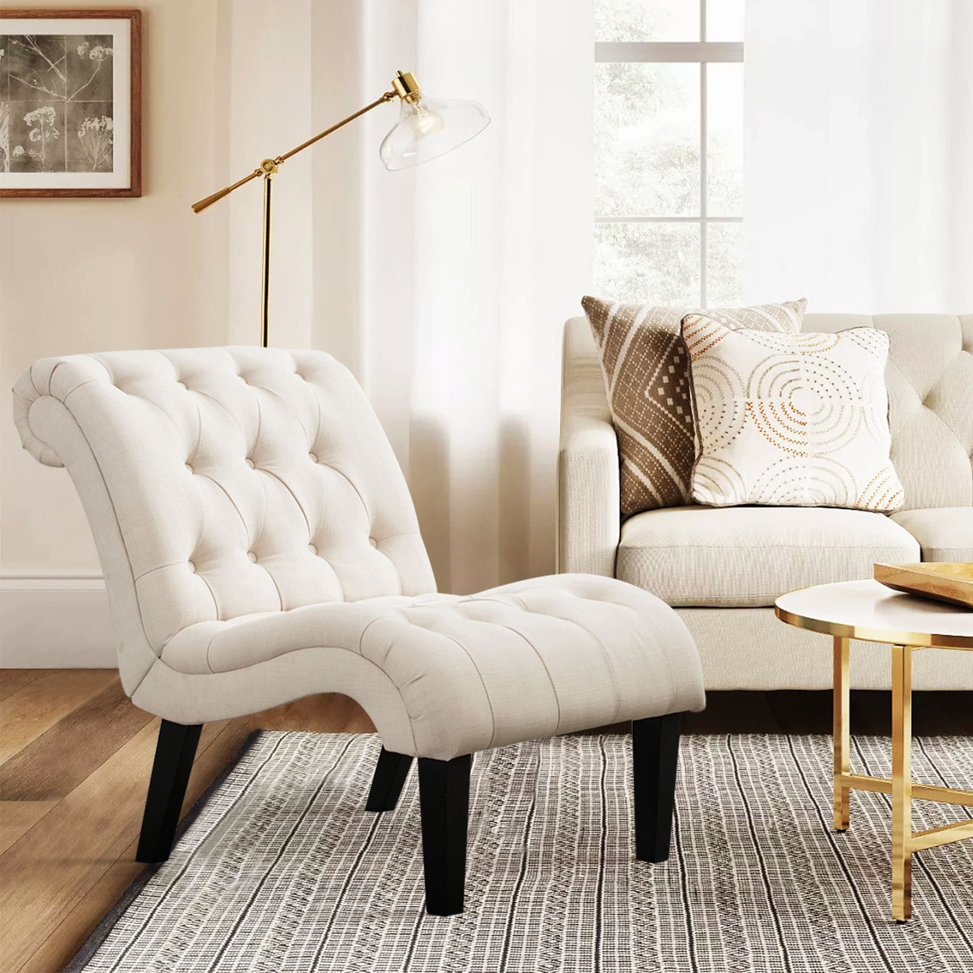 Andeworld Accent Chair for Bedroom Living Room Chairs Tufted Upholstered Lounge Chair with Wood Legs Linen Fabric