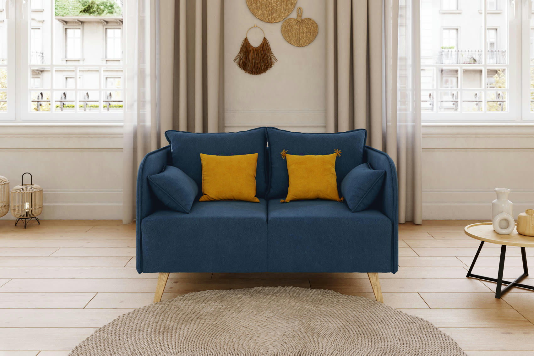 SARAH - Canapé droit en tissu 2 places bleu