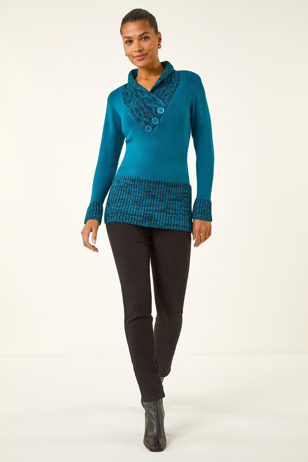 Roman V-Neck Overlap Button Detail Longline Jumper