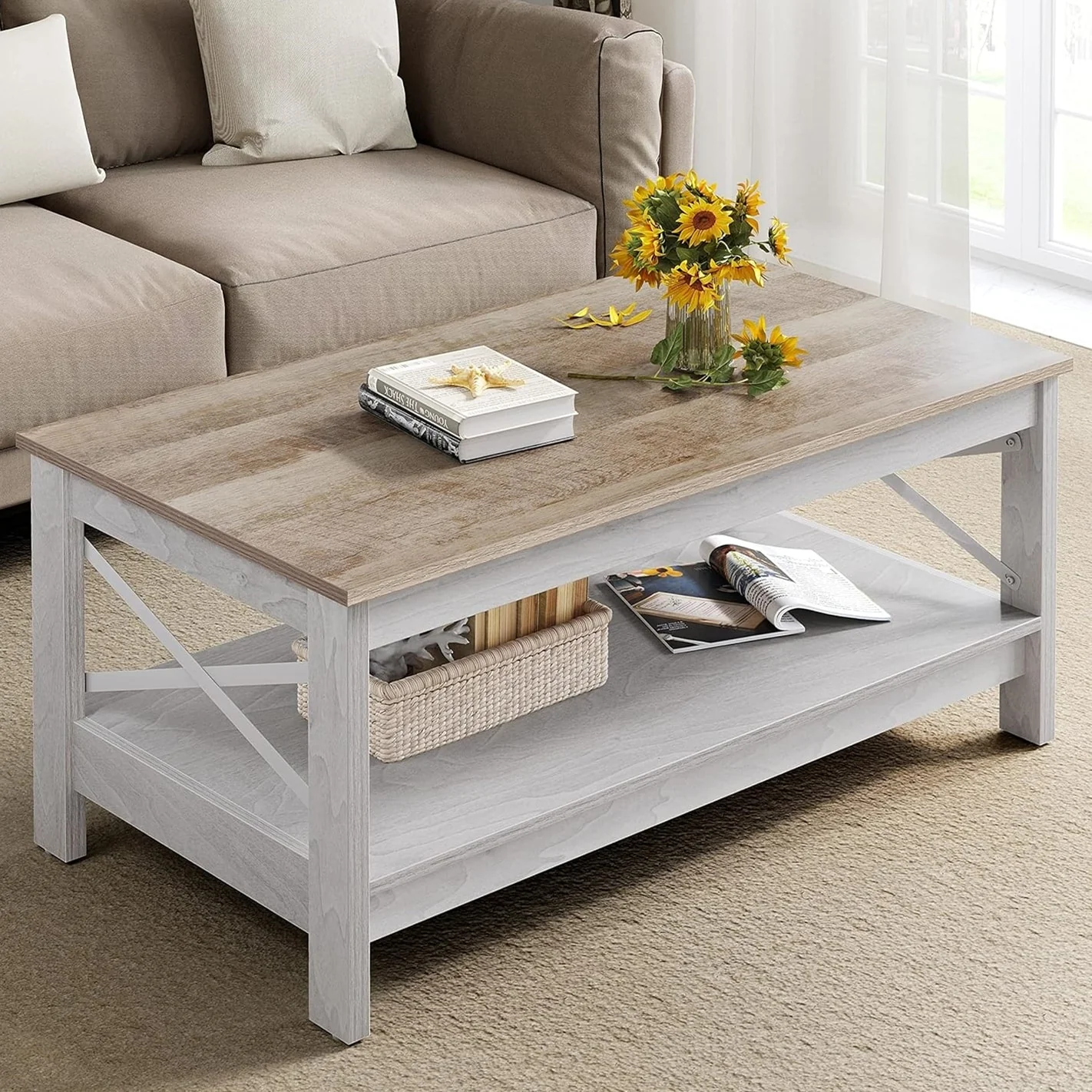 Moasis Farmhouse Coffee Table with Shelf, 2-Tier Center Table for Living Room