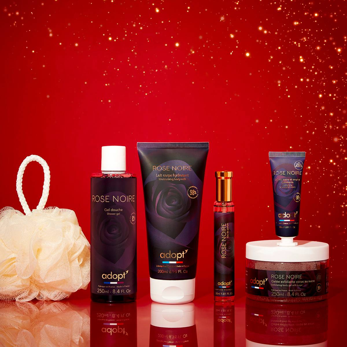 Rose NoireCoffret maxi eau de parfum Rose Noire 30 ml   gel douche 250 ml   lait corps 200 ml   crème pour les mains 30 ml   gommage au sucre 250ml   fleur de bain