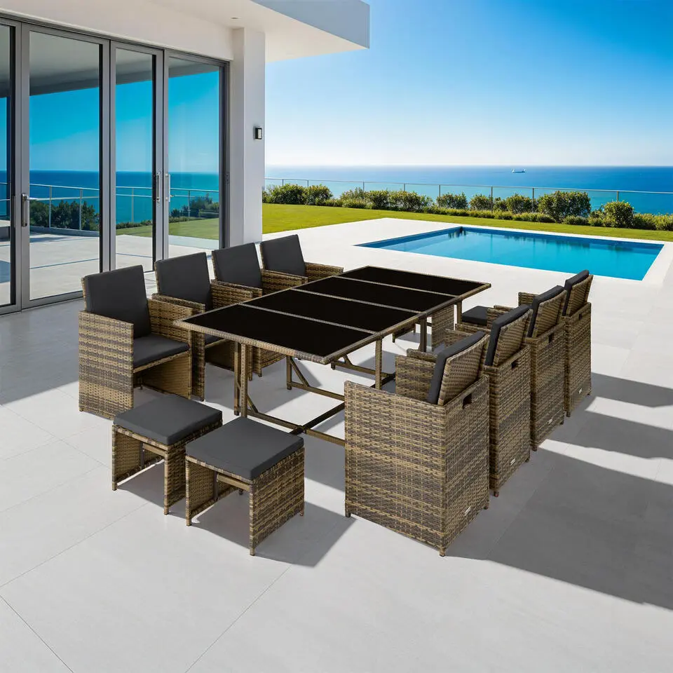 tectake Wicker tuinset Palma 8 4 1 met beschermhoes - Natuur/donkergrijs