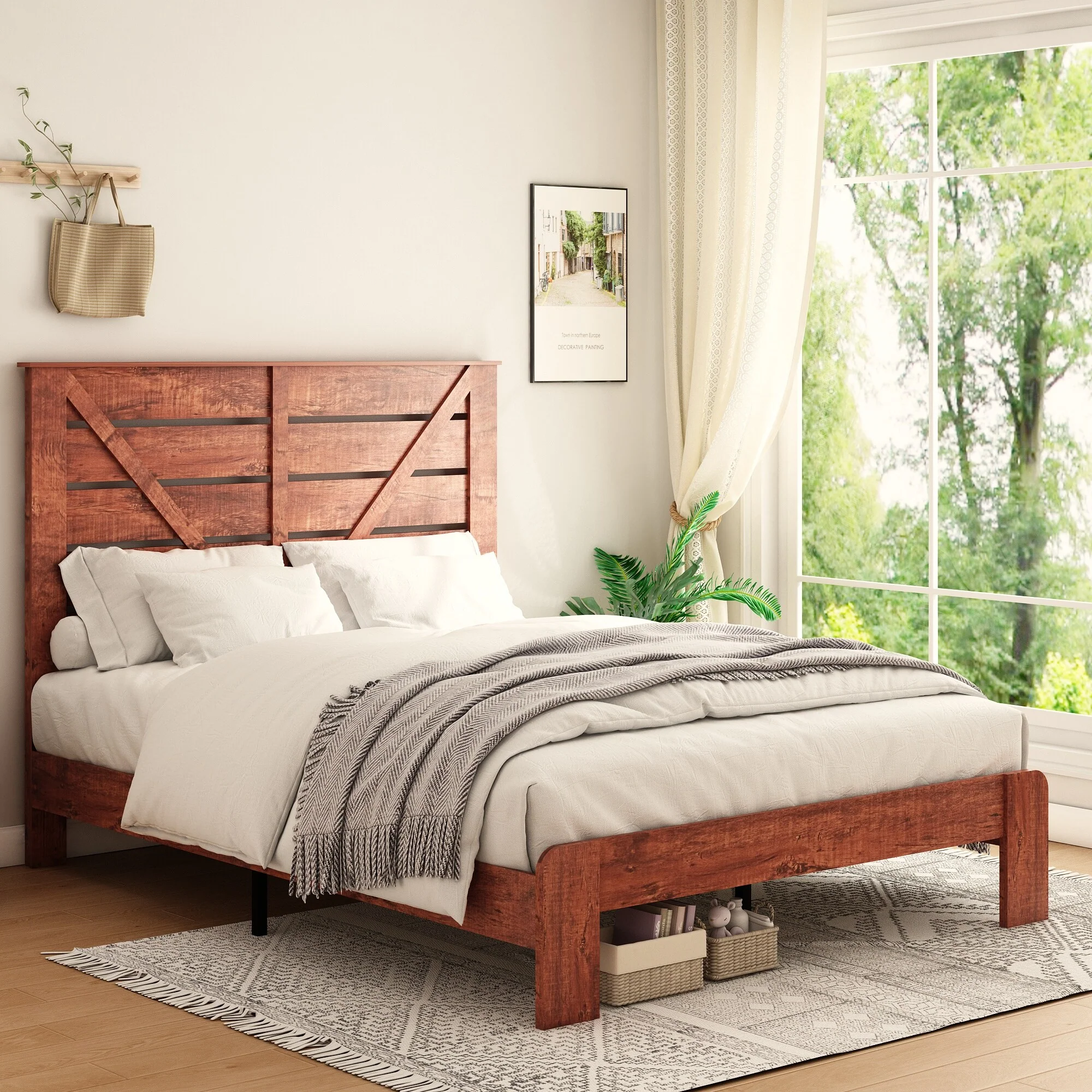 King Size Brown Oak Wood Platform Bed