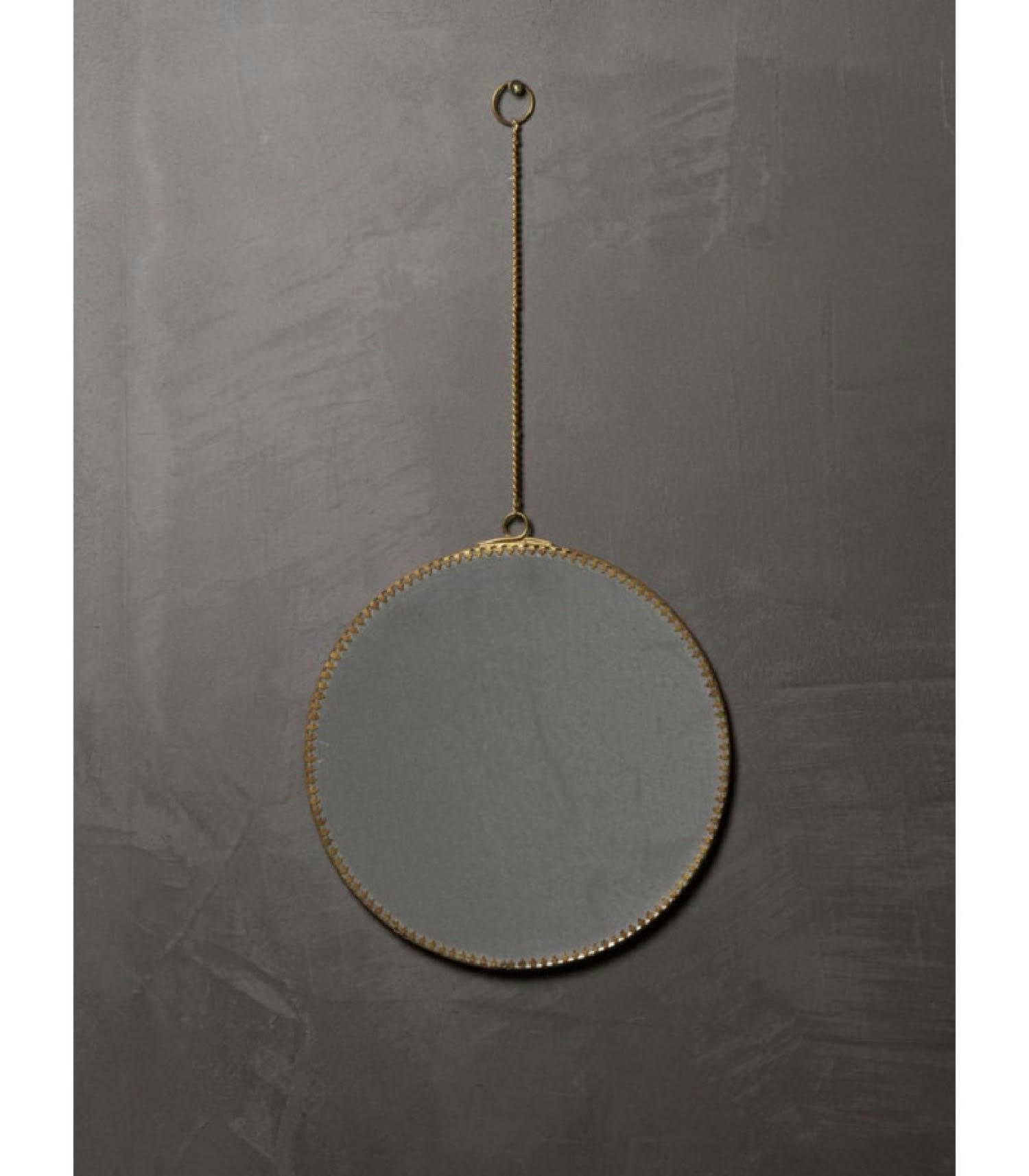 OR - Miroir rond doré à bords festonnés suspendu chaînette