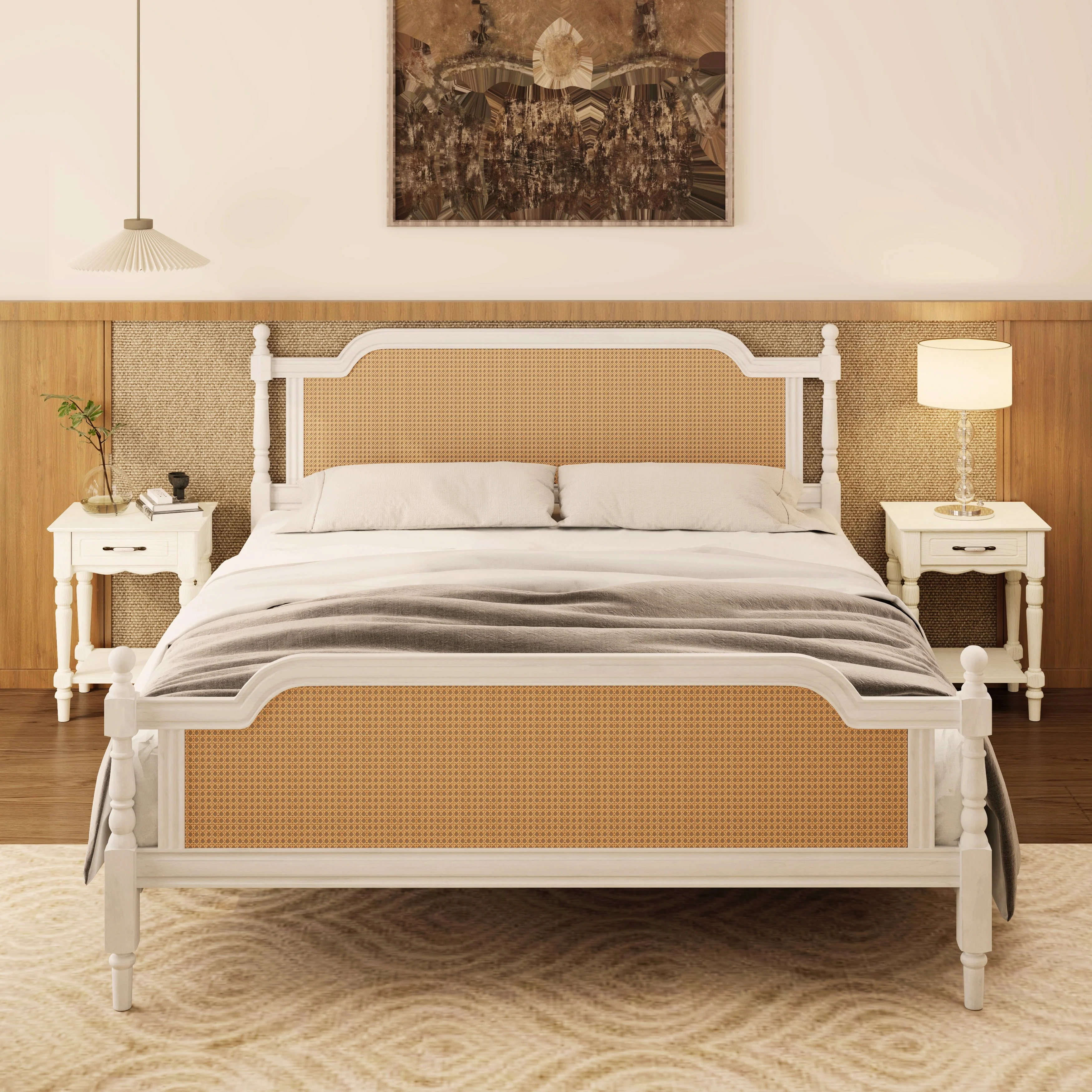 Merax Traditional Style Platform Bed with Rattan Headboard and Footboard