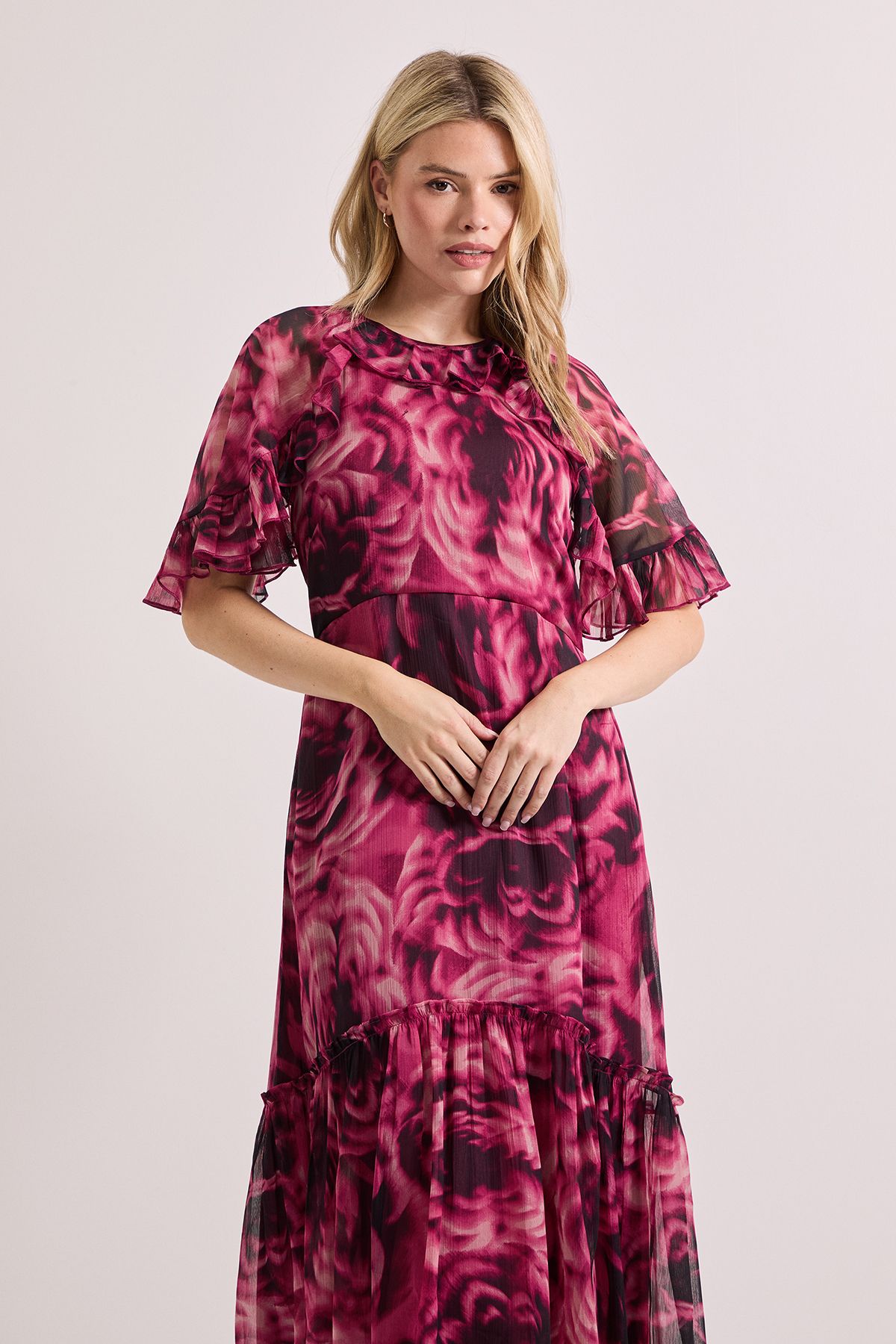 Dorothy Perkins Burgundy Floral Frill Cape Sleeve Tiered Printed Chiffon Midi Dress