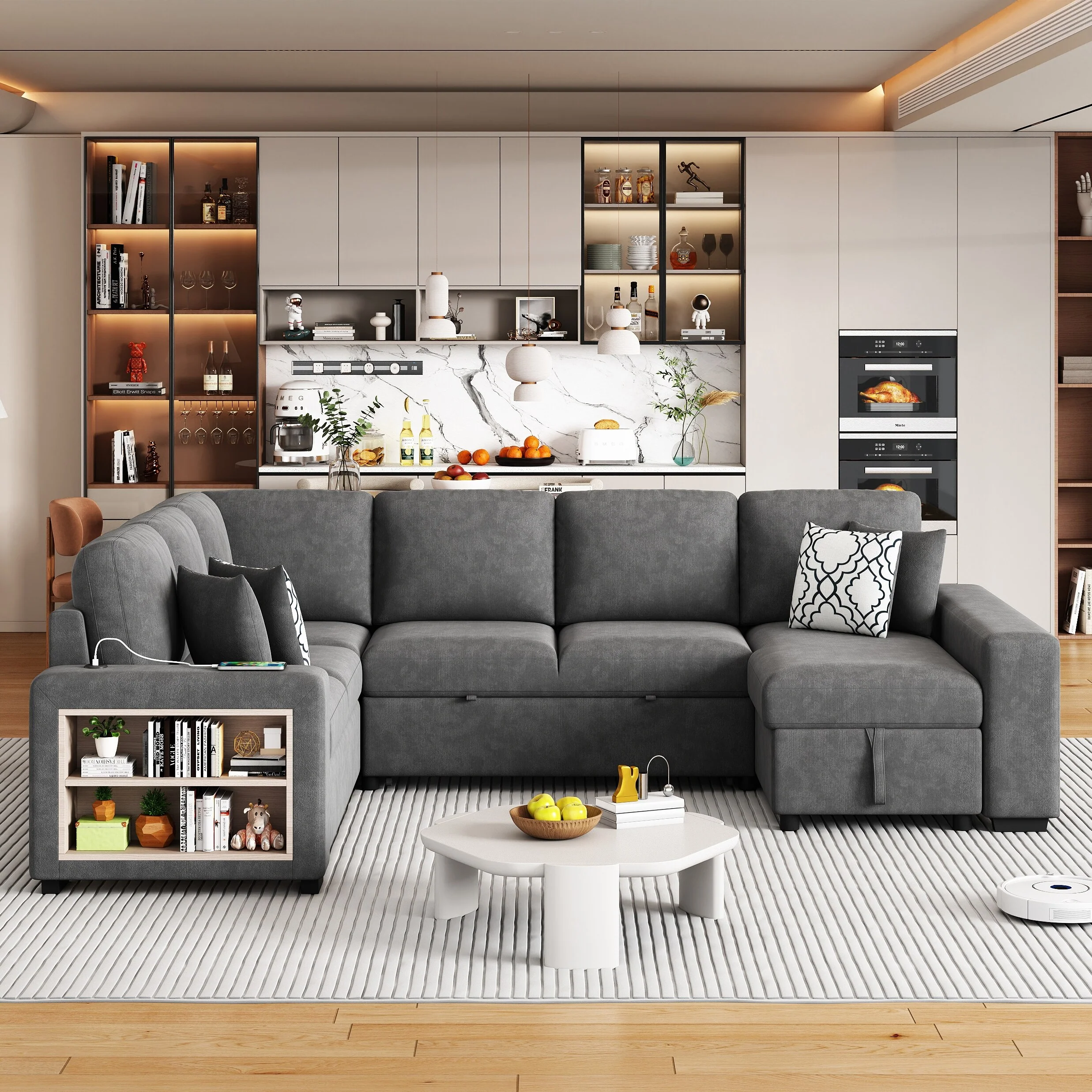 Modern U Shaped Sectional Sofa with Pull Out Bed and Storage Shelves and USB Ports for Living Room or Reception Room