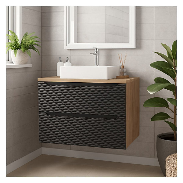 Ensemble de salle de bain YOKA noir : meuble sous vasque à tiroirs 80cm et plan vasque