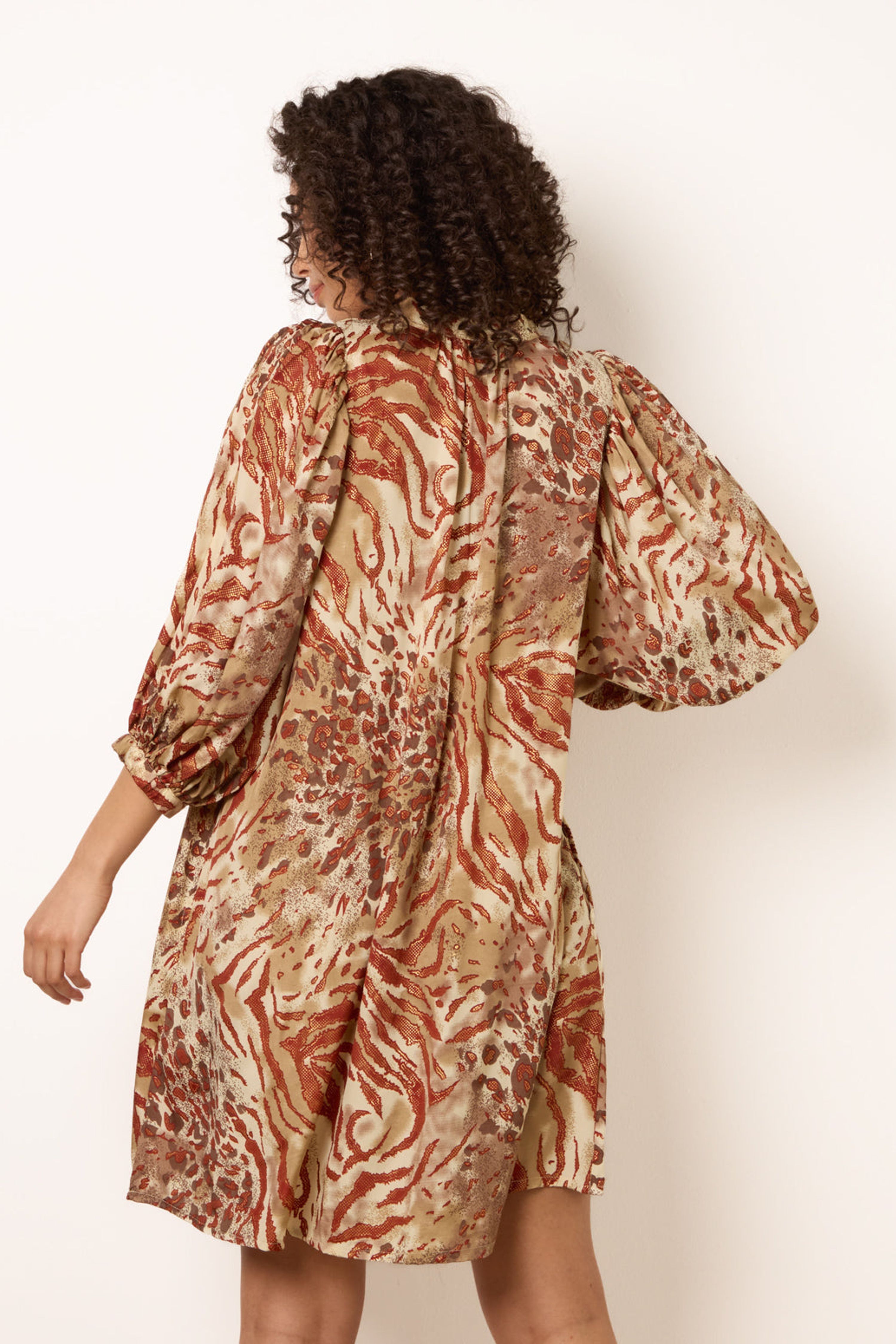 Blue Vanilla Brown Puff Sleeve Metallic Animal Print Puff Sleeve Tunic Dress