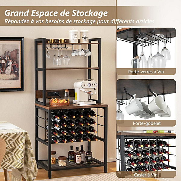 Meuble Casier à Vin aevc Station de Charge Intégrée, Porte-Bouteille pour 9 Verres et 24 Bouteilles, 162,5x48x76CM