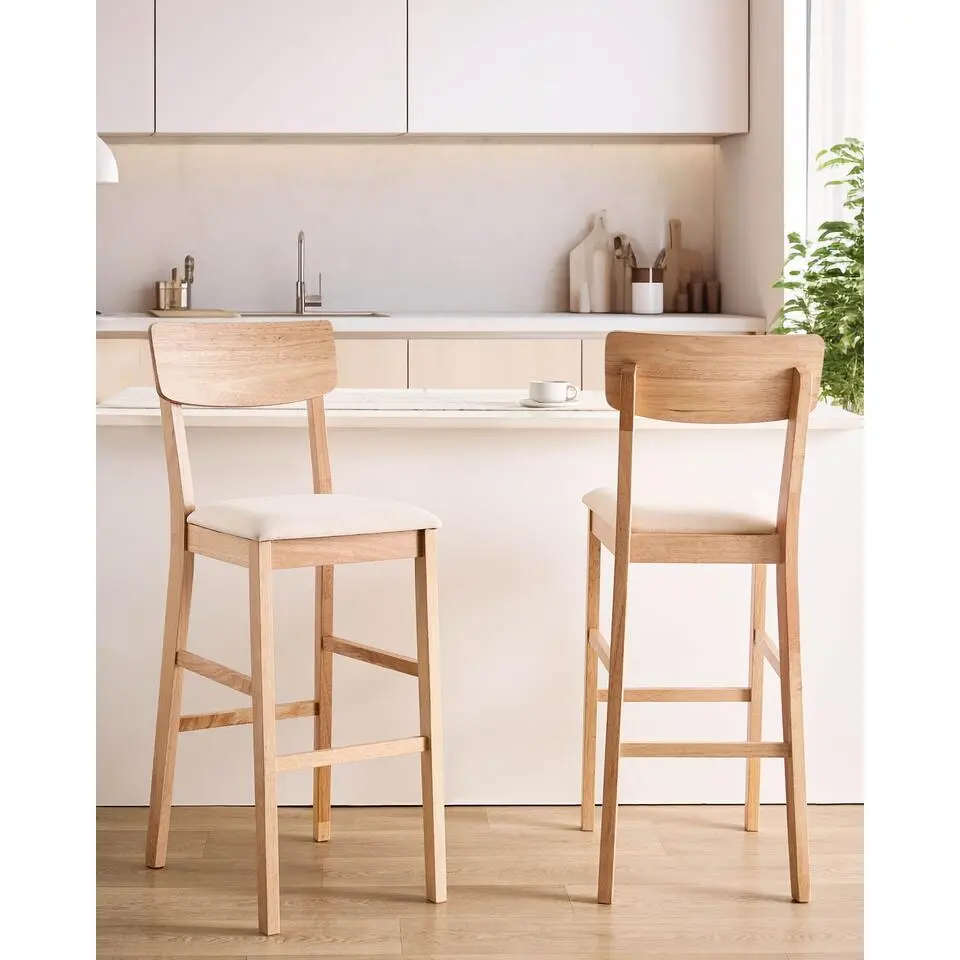 AMBLER - Barkruk set van 2 - Lichtbruin/Lichtbeige - Rubberhout