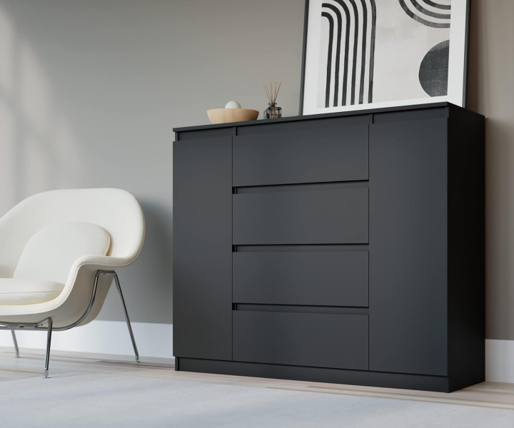 Komoda, Czarny Matowy, 120 x 39 x 101 cm, 2 drzwi, 4 szuflady