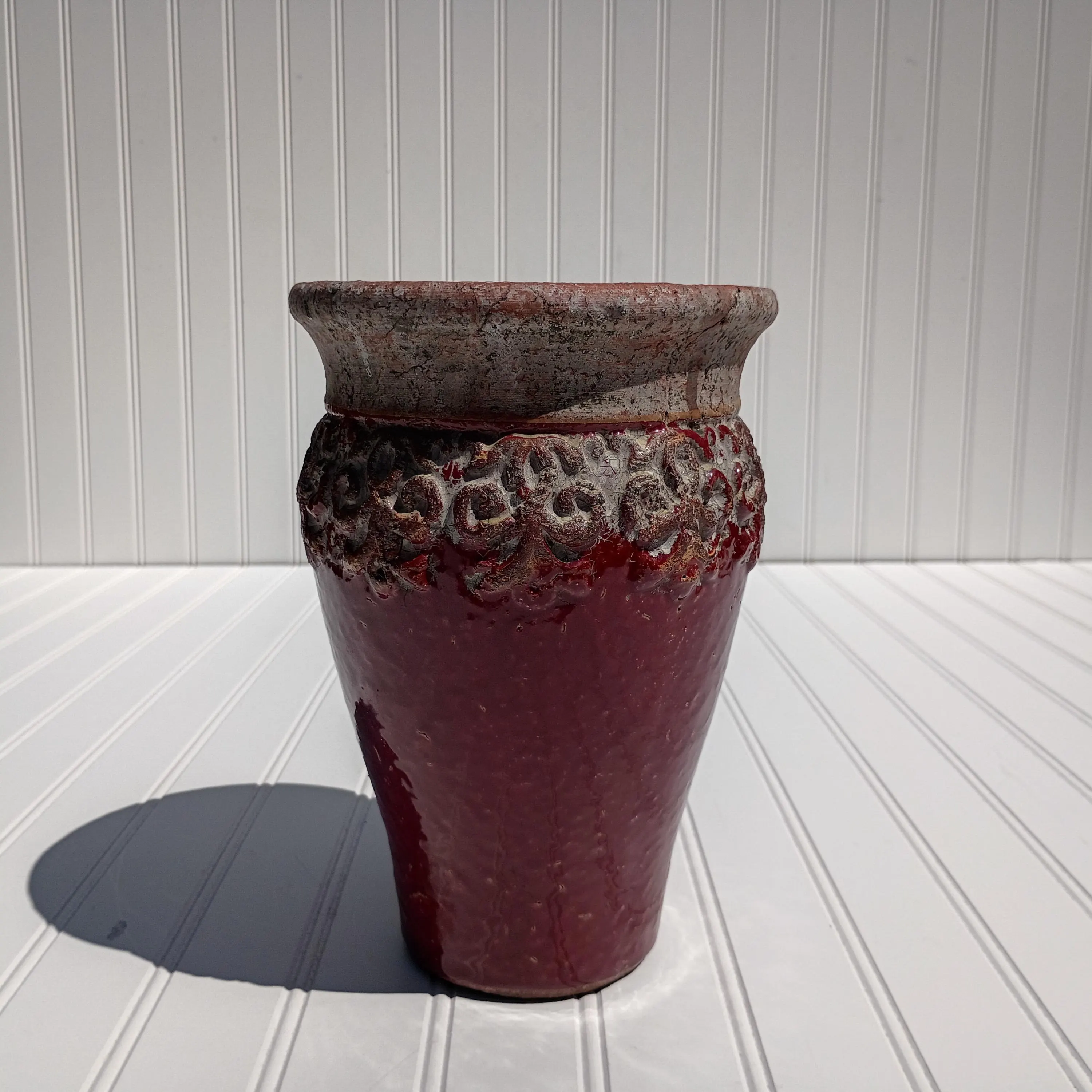 Vintage Red & Beige Ceramic Vase Two-Tone Raised Relief Scrollwork Terracotta