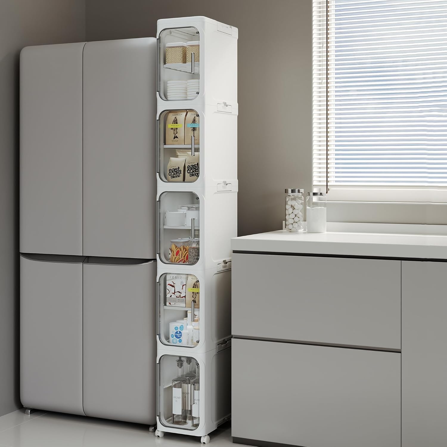 5-Tier Tall Narrow Storage Cabinet, Slim Bathroom Storage Cabinet with Adjustable Shelves and Wheels, Narrow Organizer for Small Space, Bathroom, Kitchen, Laundry, White