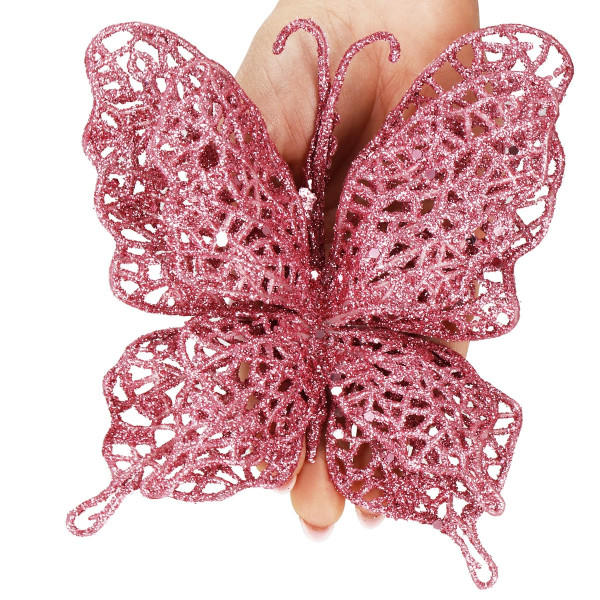 Dekoracja świąteczna motyl brokatowy zawieszka różowa
