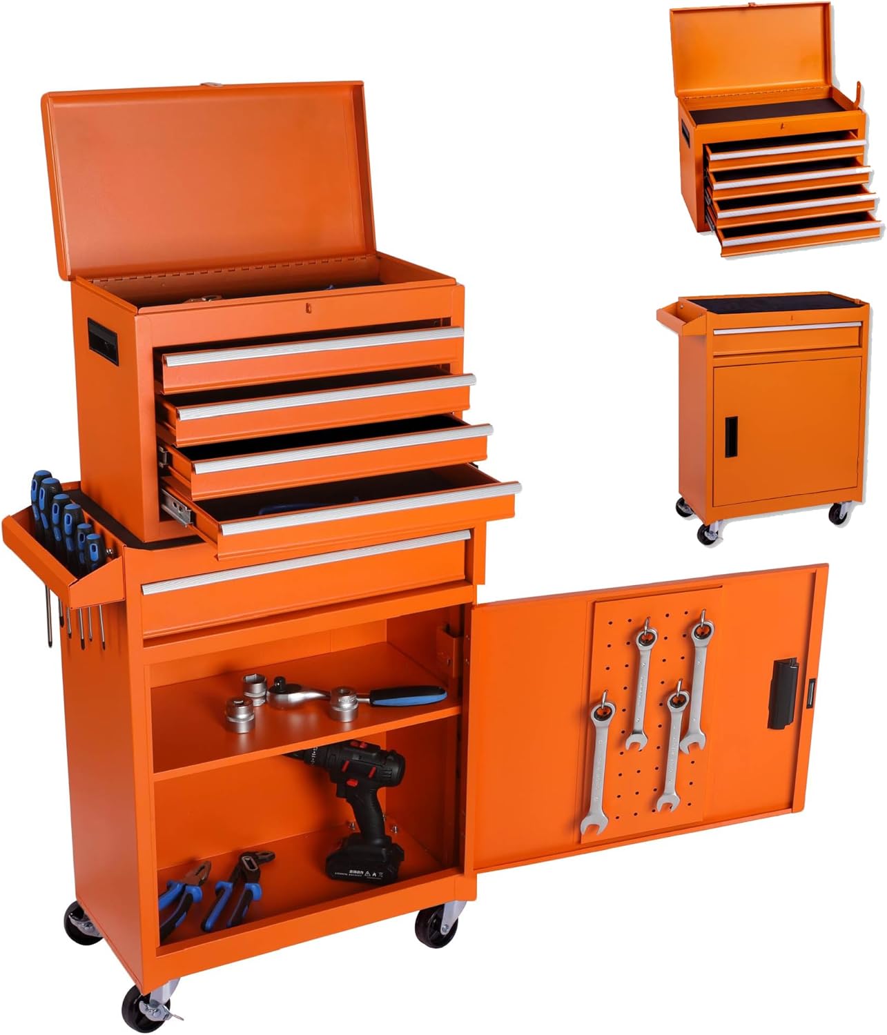 5 Drawers Tool Cart on Wheels with 1 Cabinet, Multifunctional Removable Rolling Tool Box Storage Set, Tool Trolley Organizer Tool Chest for Garage,Repair Shop,Warehouse,Workshop (Orange)