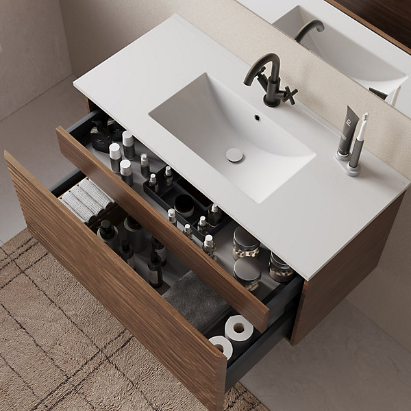 Meuble de salle de bain 100cm simple vasque - 2 tiroirs - sans miroir - noyer (bois foncé) - SUZA