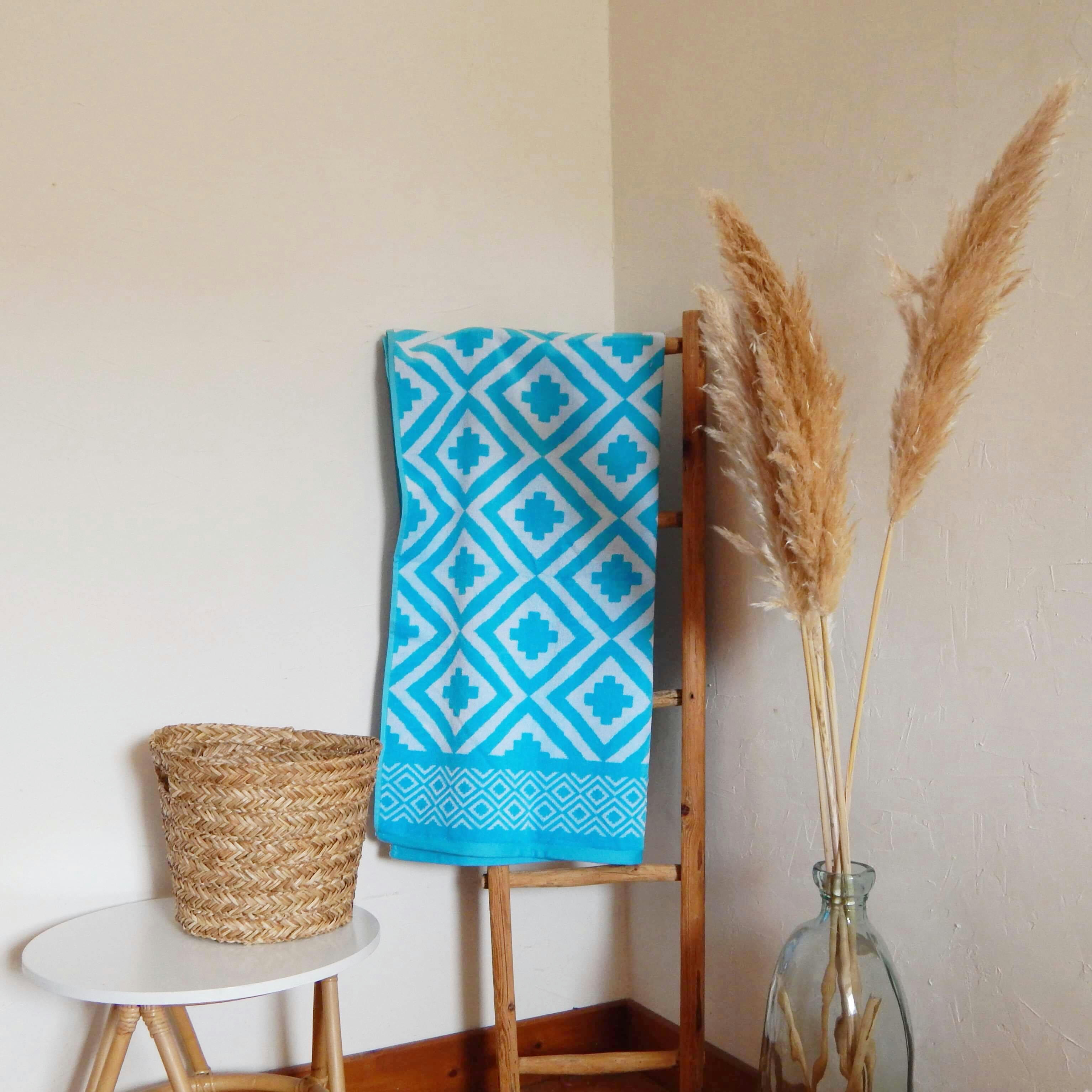 PLAGE - Serviette de plage éponge velours bleu turquoise mikonos 86 x 160