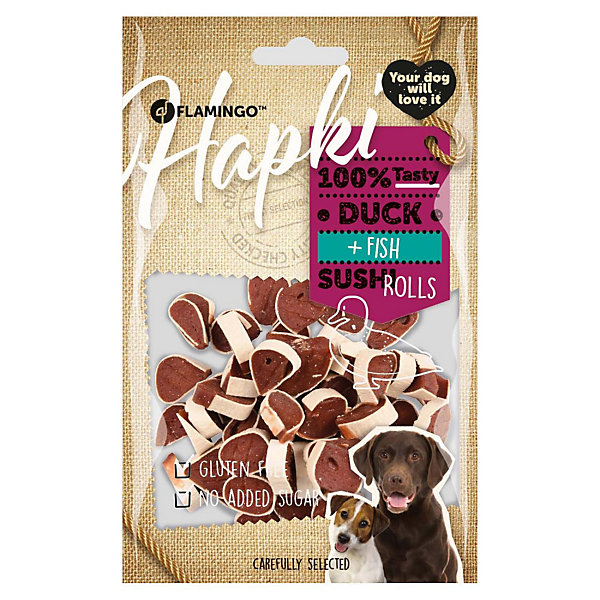 Friandise canard et poisson rouleaux de sushi Hapki BBQ pour chien 85 g sans gluten