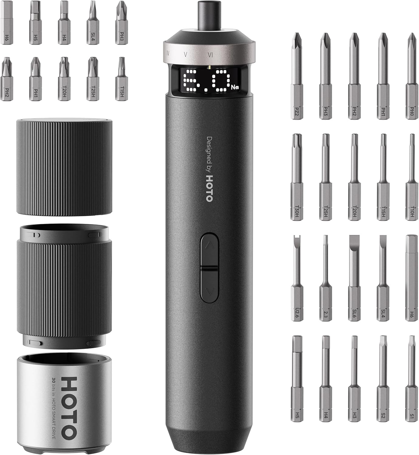 HOTO PixelDrive Electric Screwdriver, Smart Display, 6 Torque Settings, 0.5 to 6 N·m, 1/4'' Hex 30 Bits, LED Light, 2000 mAh Rechargeable Cordless Screwdriver Set for Electronics, Gadgets for Men