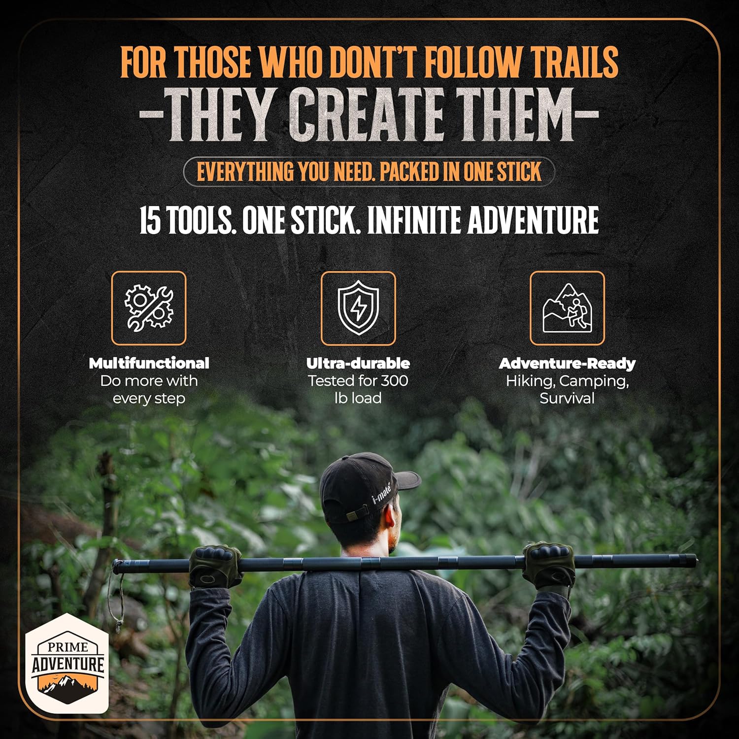 Prime Adventure 15-in-1 Tactical Survival Walking Stick & Hiking Staff – Heavy-Duty Collapsible Multitool for Camping, Hiking & Outdoor Survival Gear (8 Tubes, Premium Build)