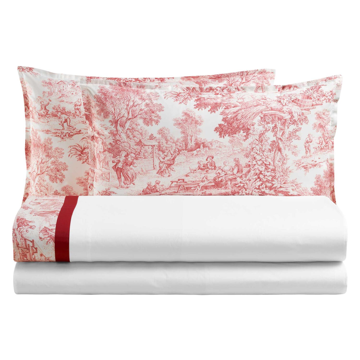 Completo letto matrimoniale Toile de Jouy corallo Biancoperla