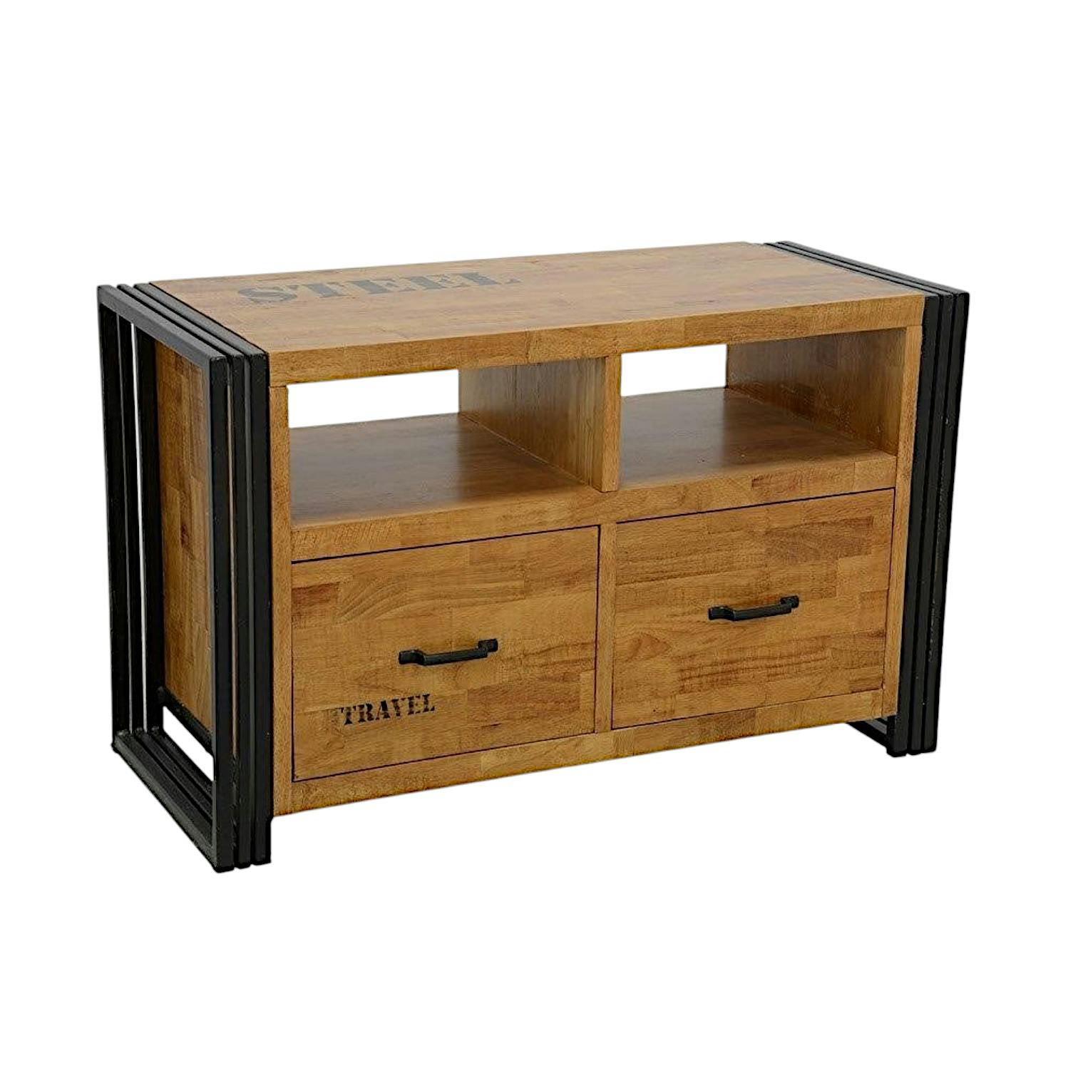 Meuble TV hévéa recyclé naturel et métal noirci 2 tiroirs 2 niches 90X40X55cm DOCKER