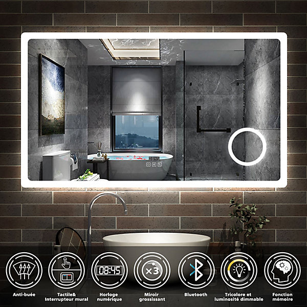 Miroir salle de bain bluetooth   loupe   horloge   tricolore   anti-buée 120x70cm dimmable,mémoire,tactile,led, AICA SANITAIRE