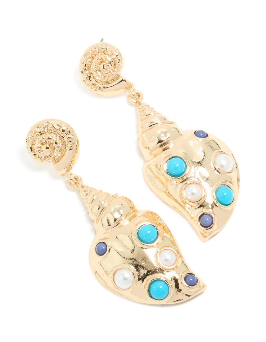 Gold Shell & Blue White Dotted Drop Earrings