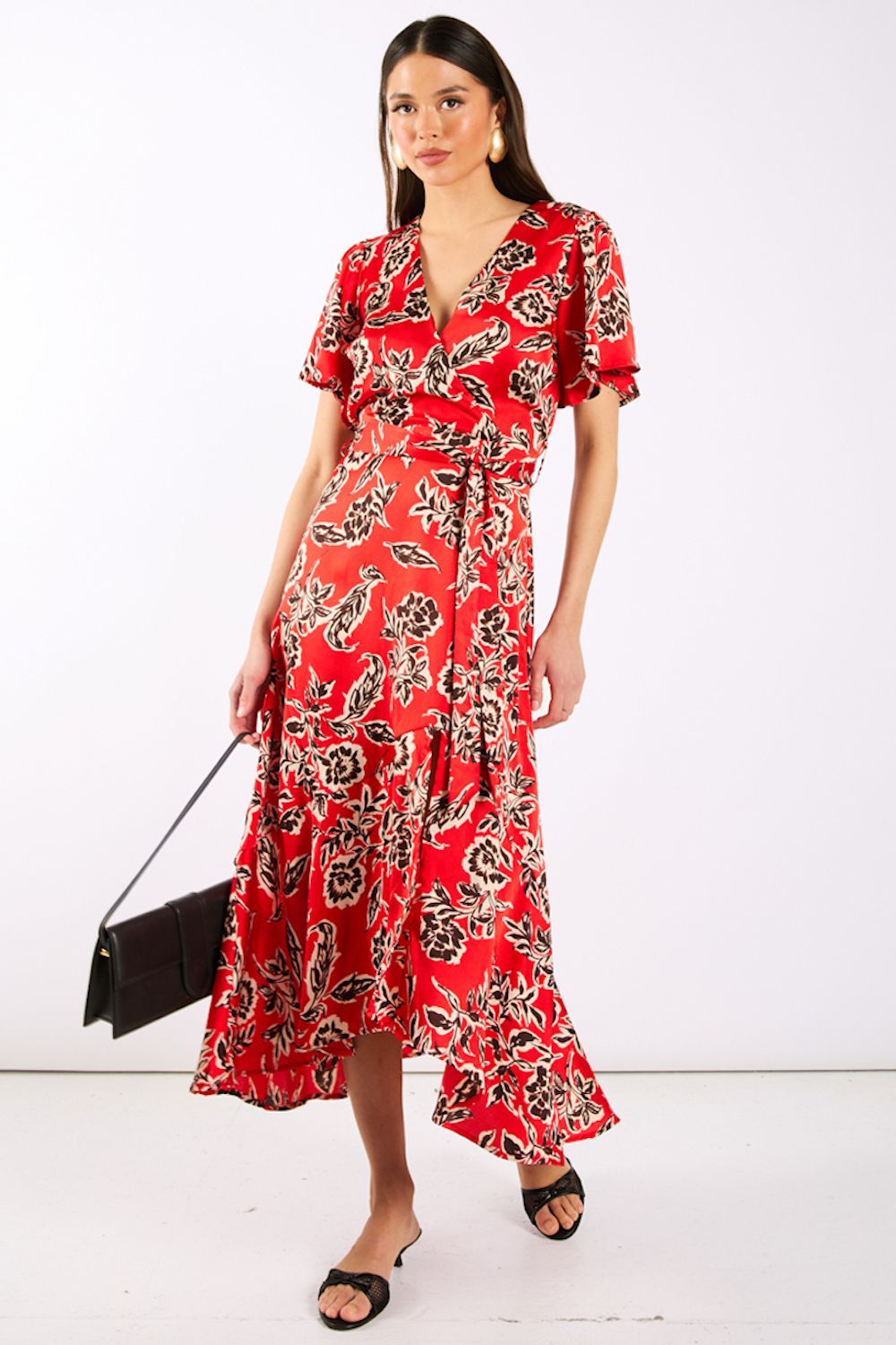 Needs No Label Red Floral Satin Wrap Midi