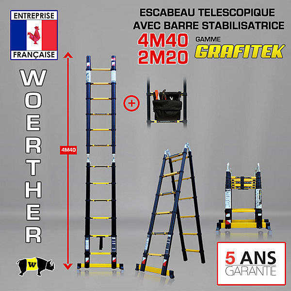 Escabeau-échelle télescopique Woerther 4m40/2m20 avec double barres stabilisatrices plus sac porte outils