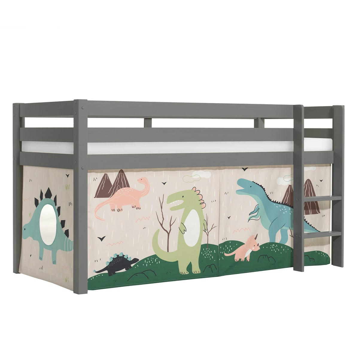 PINO - Lit mi-hauteur 90x200 sommier inclus housse dino gris