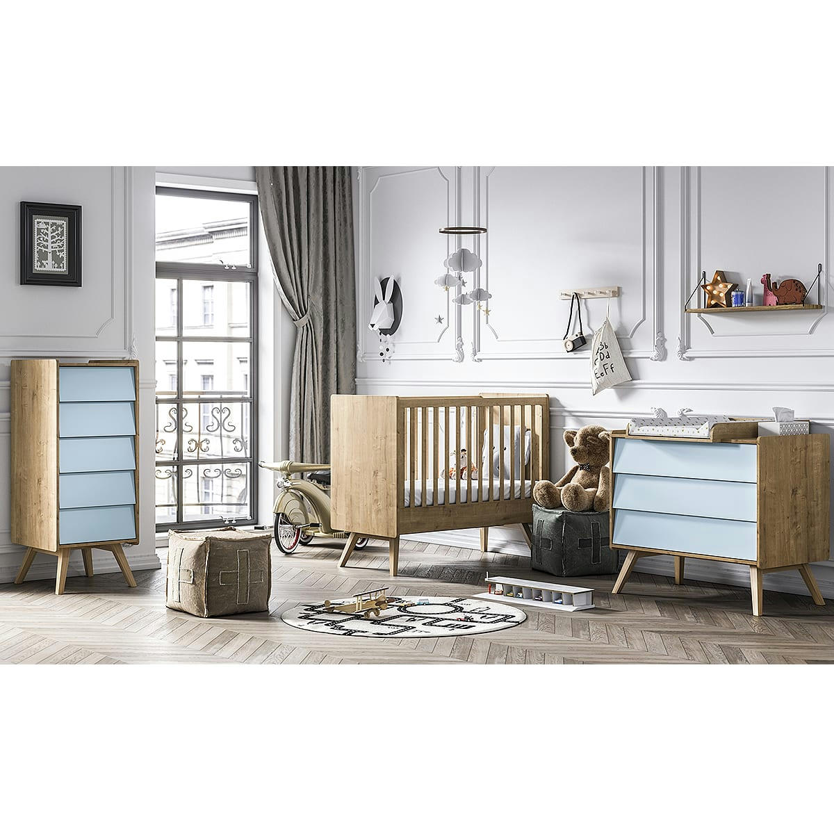 TRIO - VINTAGE - Chambre bébé : Trio - lit bébé 60x120 commode chiffonnier naturel bleu