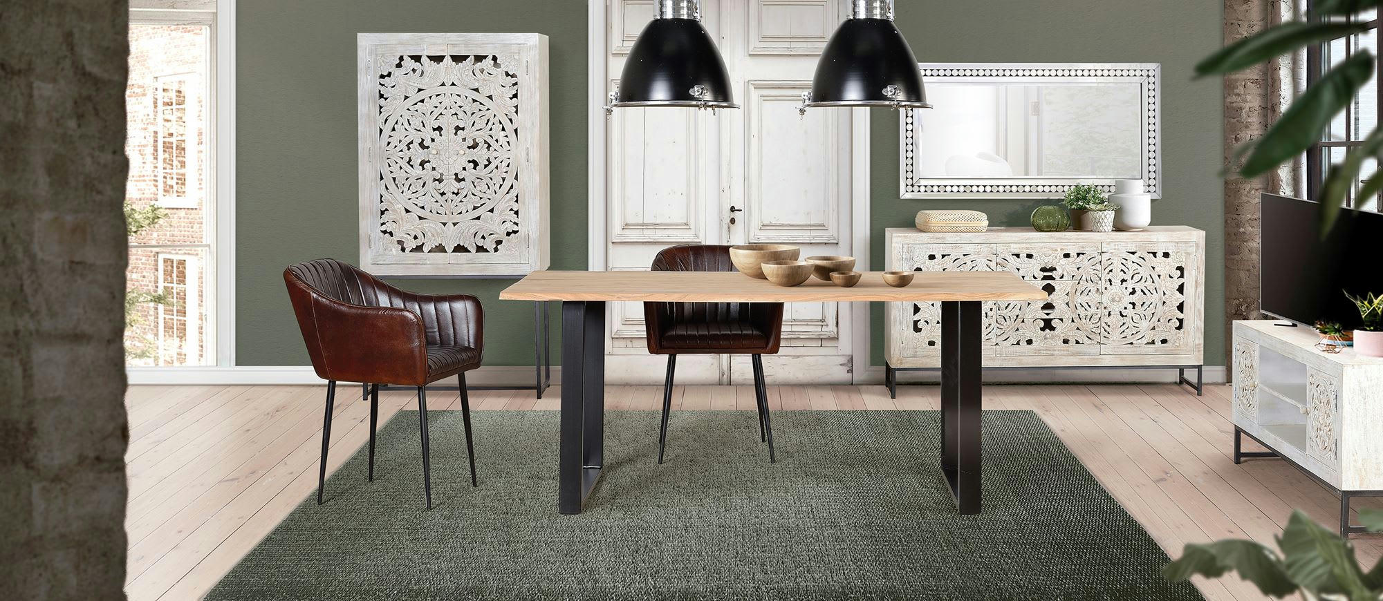 MYKONOS - Meuble TV manguier et pieds métal blanc vieilli