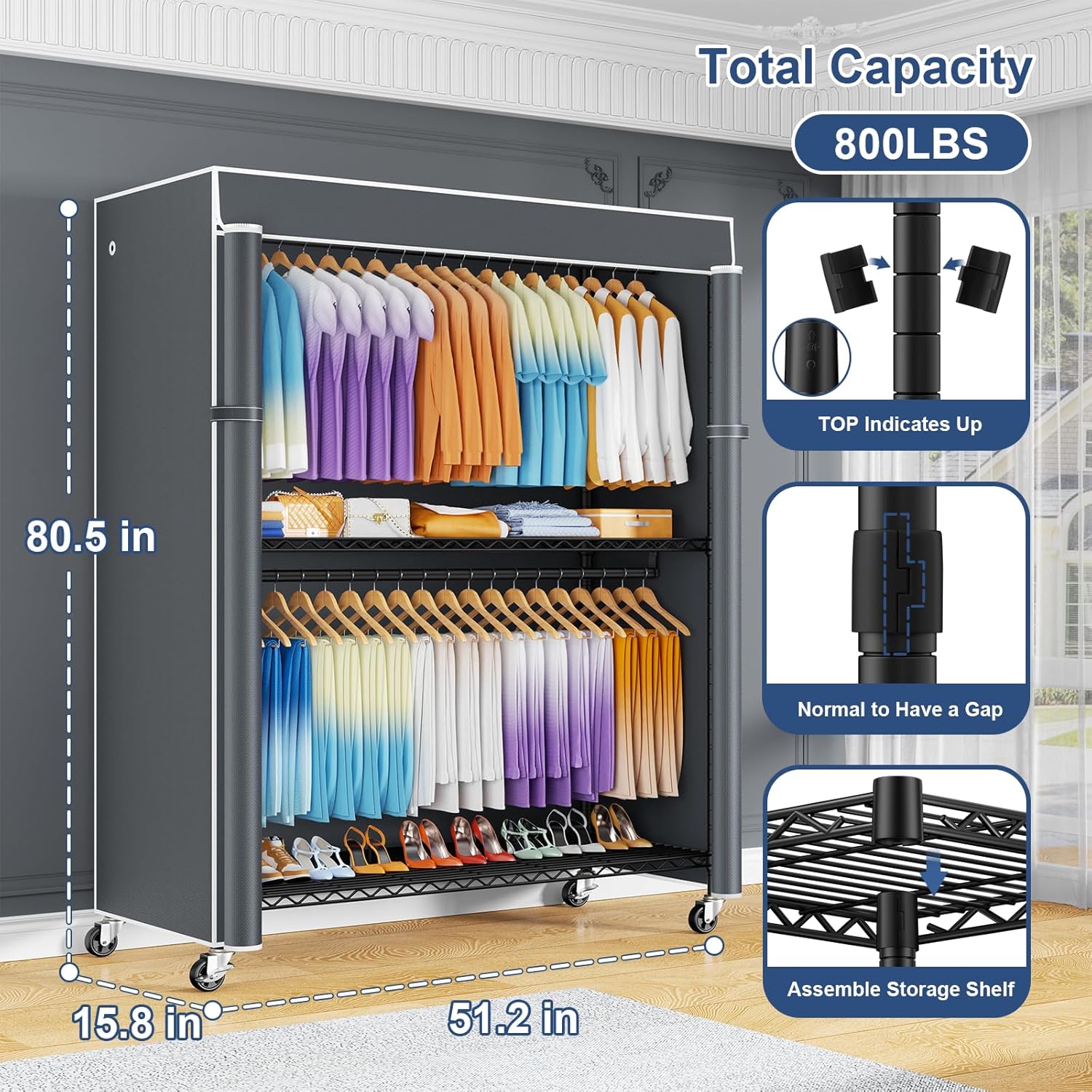 ULIFHOME P8C Max Heavy Duty Clothes Rack（With Extended Width Design） Rolling Clothing Racks for Hanging Clothes with Lockable Wheels，51.2 W x 15.8 D x 80.5 H，Load 700LBS，Black Rack with Grey Cover