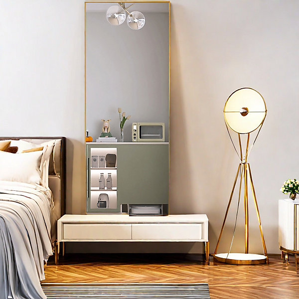 Miroir en pied grand, 140x40 cm, sur pied ou mural, cadre aluminium, grand miroir rectangulaire pour salon ou chambre, Doré