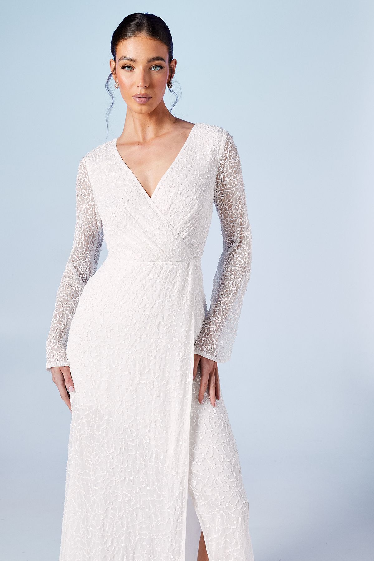 Coast Wrap Bodice Long Sleeve Sequin Wedding Dress