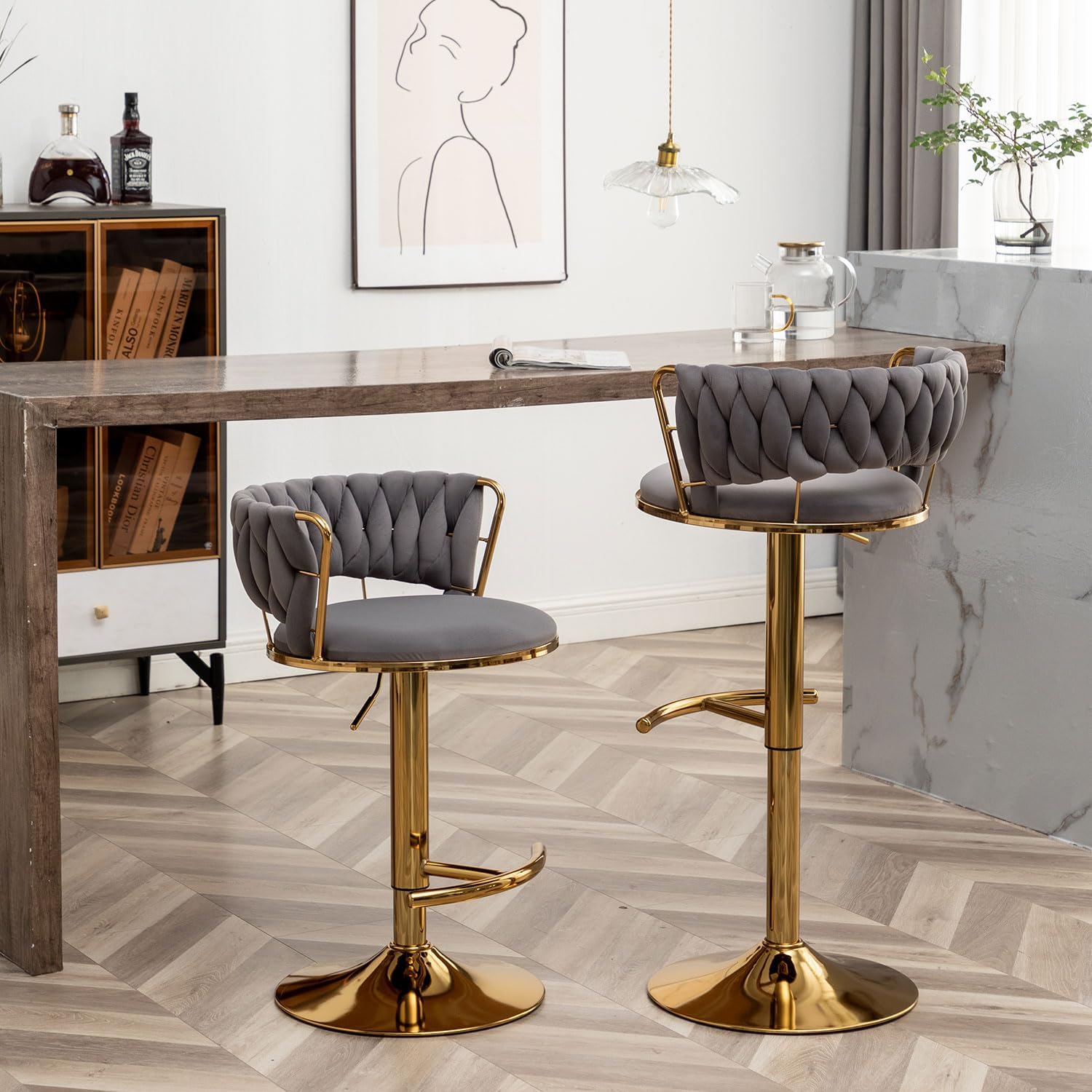 Velvet Bar Stools Set of 3, Counter Height Barstools with Low Back, Gold Swivel Bar Stool for Kitchen Island, Pub (Grey)