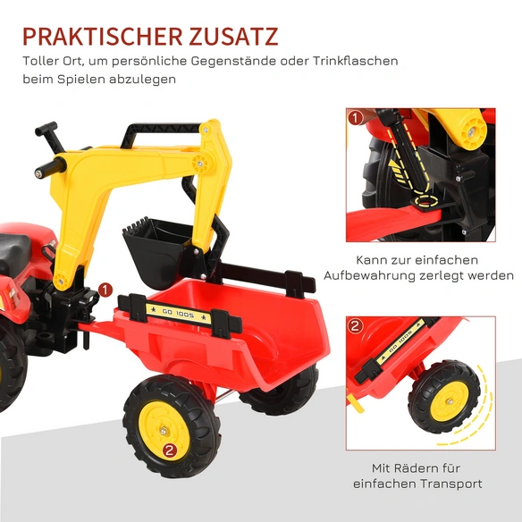 Spielzeug-Trettraktor, mit Anhänger und Frontlader, LxBxH: 179x42x59 cm, rot
