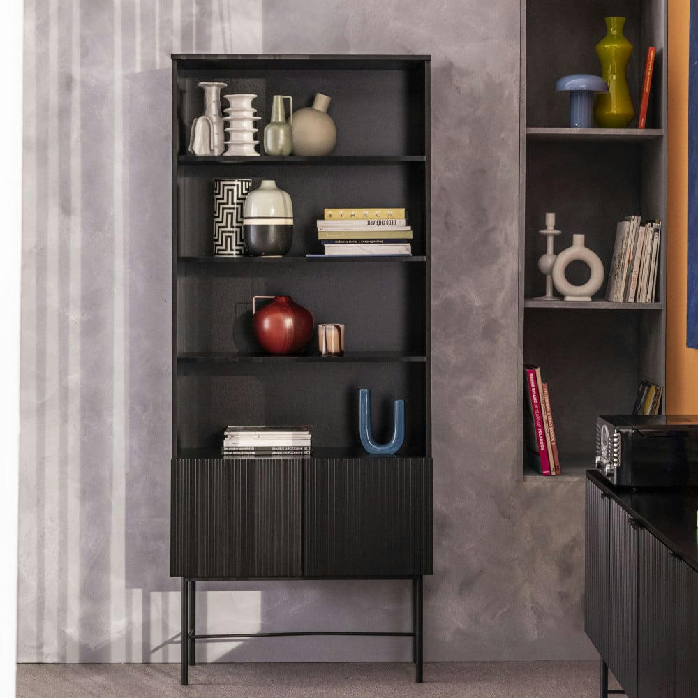 MOLLY - Bibliothèque 4 niches, 2 portes en bois et métal H200cm noir