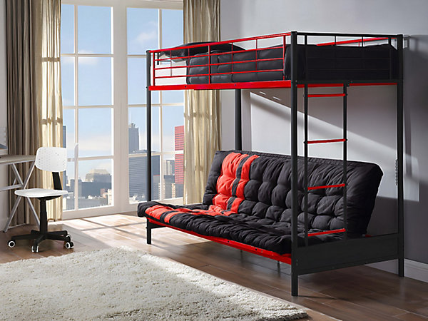 Lit mezzanine 90 x 190 cm - Avec banquette convertible - Métal - Noir et rouge - MODULO V