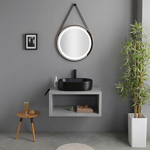 Meuble Salle De Bains Suspendu Ciment 80Cm Avec Lavabo Noir Mat Et Miroir Rond À Led - Kyoto