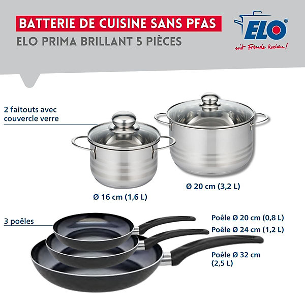 Ensemble de 3 Poêles de cuisson 20, 24 et 32 cm et 2 faitouts 16 et 20 cm Elo Prima Brillant