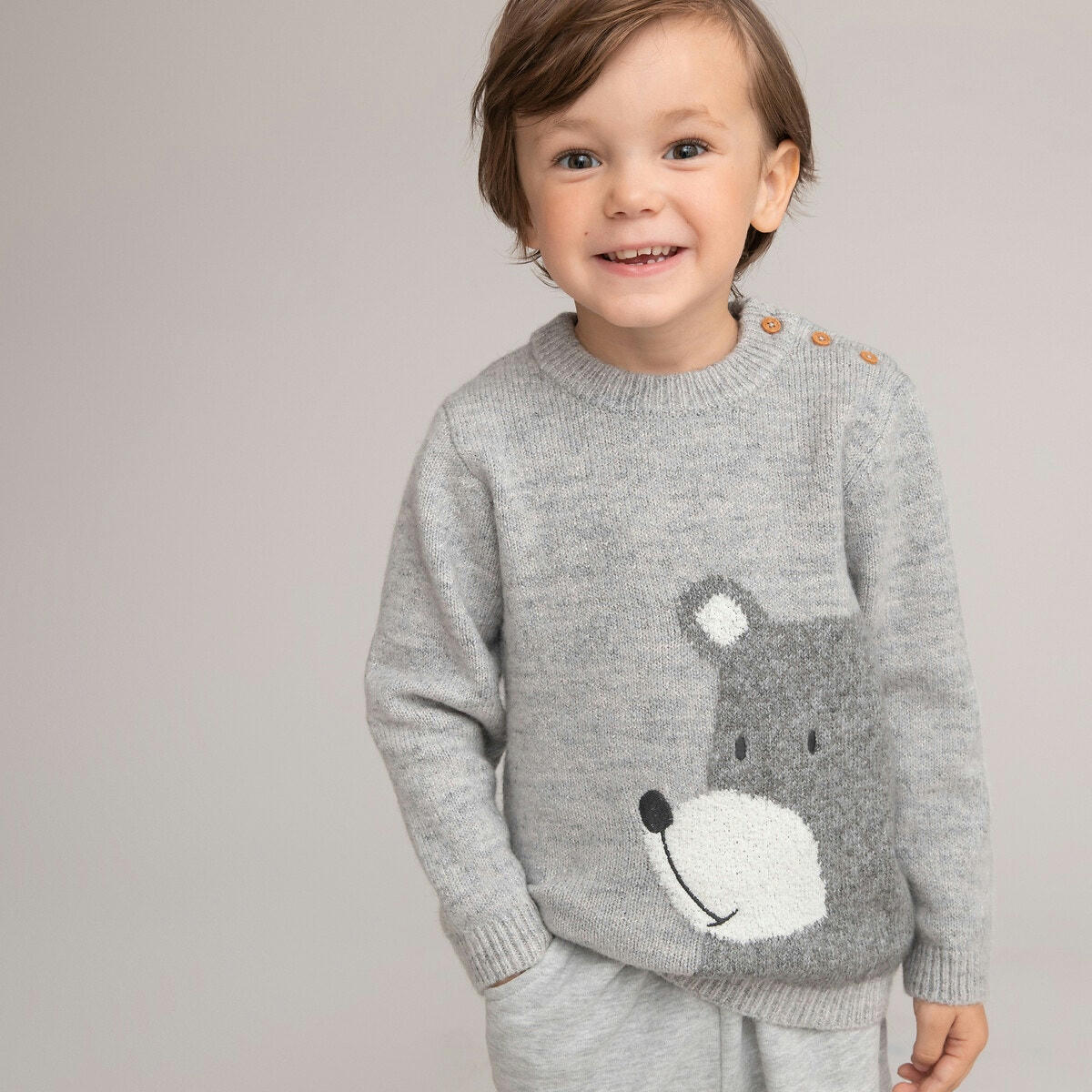 Pull col rond fine maille, motif jacquard ours