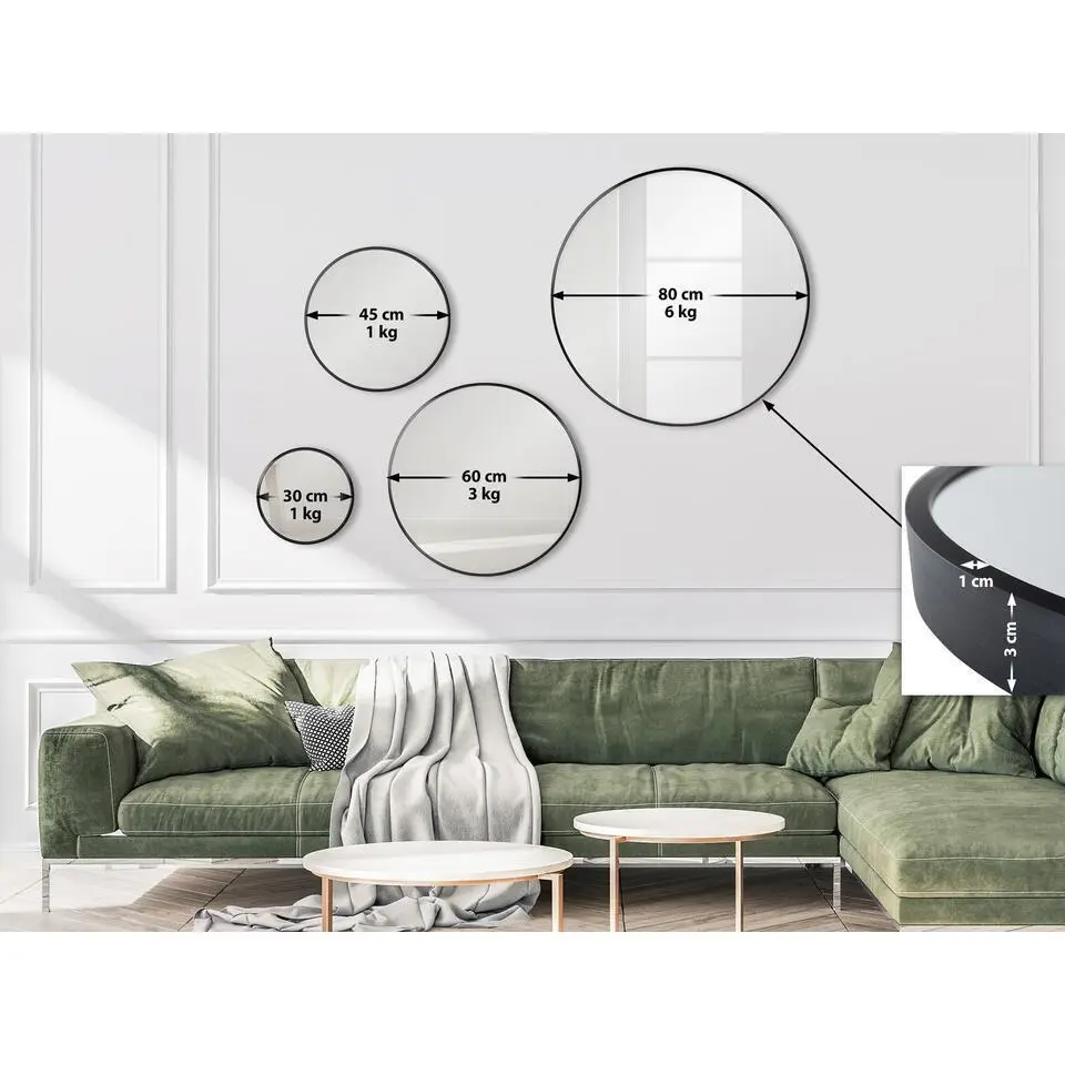 CLP Wandspiegel Elsie rond - Metaal - zwart - 30cm